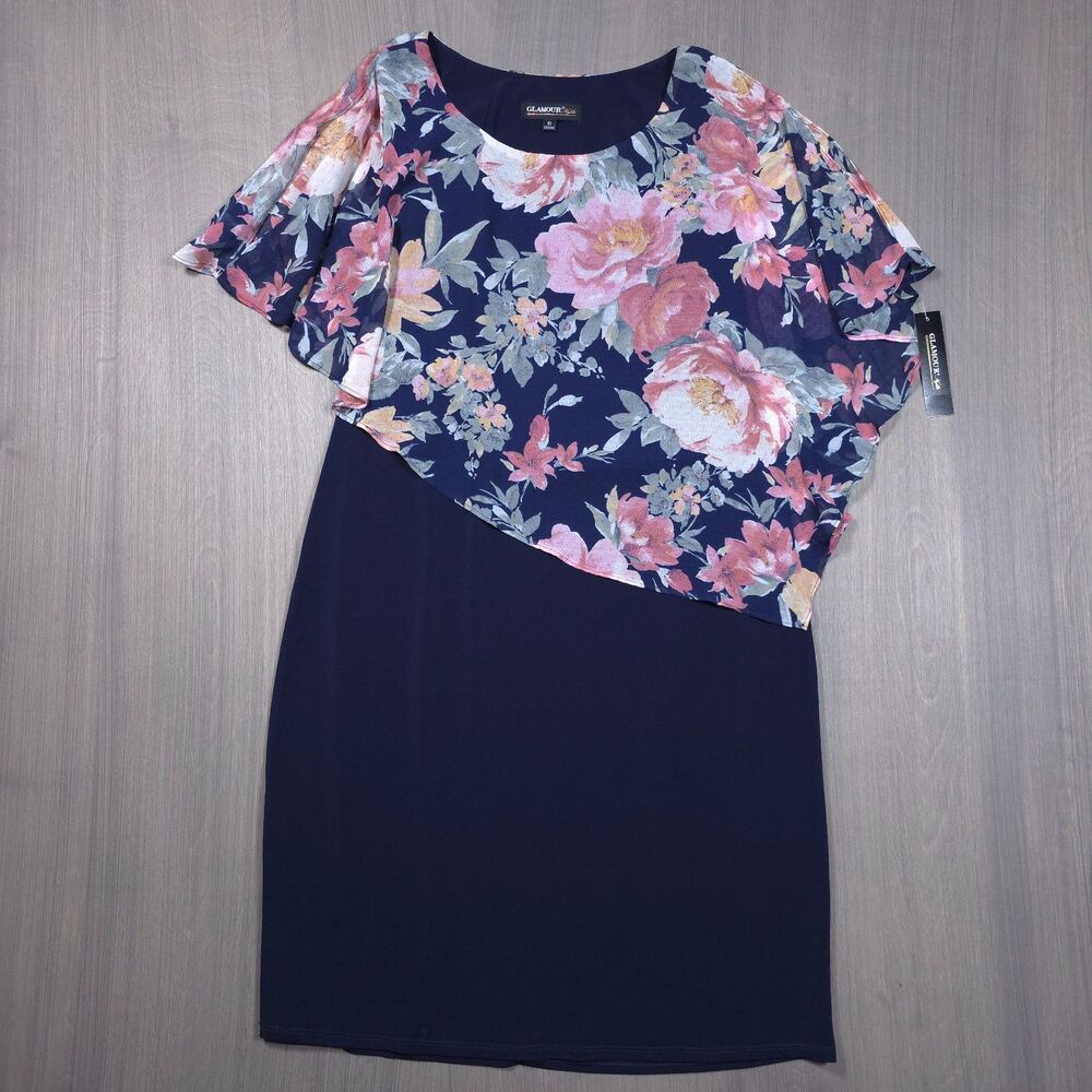Glamour Nights Women's Dress Size 10 Navy Floral Chiffon Overlay Flutter Sleeve
